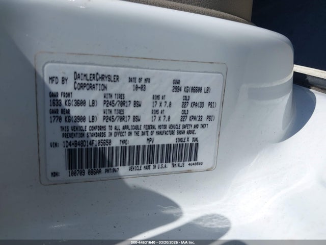 44631640 :رقم المزاد ، 1D4HB48D14F105650 vin ، 2004 Dodge Durango Slt مزاد بيع