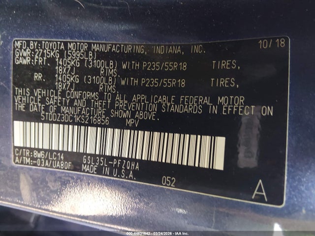 5TDDZ3DC1KS216856 Toyota Sienna Xle Premium 7 Passenger