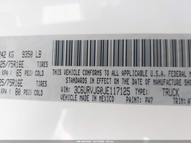 3C6URVJG0JE117125 RAM Promaster 3500 Cargo Van High Roof 159 Wb Ext