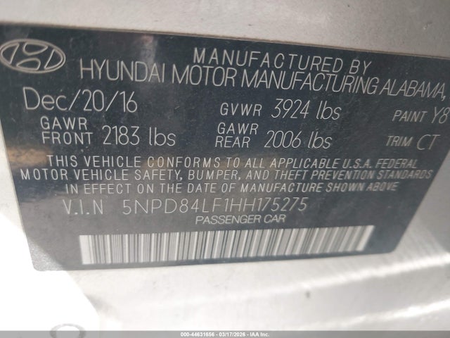 5NPD84LF1HH175275 Hyundai Elantra Value Edition