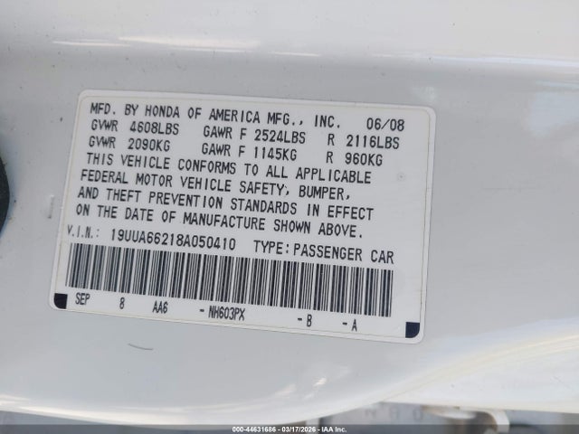 2008 Acura Tl 3.2 მანქანა იყიდება აუქციონზე, vin: 19UUA66218A050410, აუქციონის ნომერი: 44631686