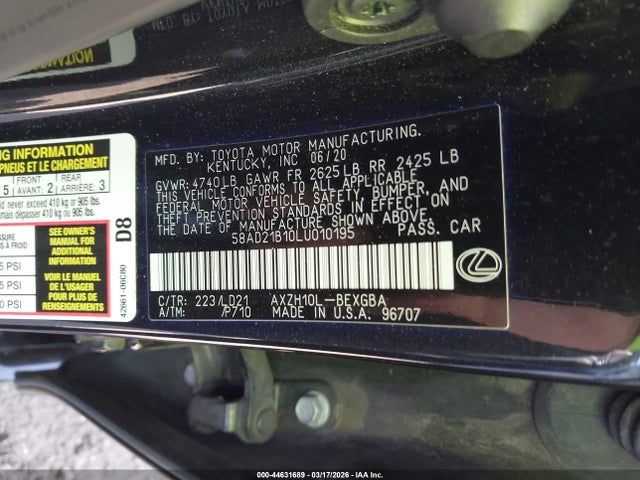 44631689 :رقم المزاد ، 58AD21B10LU010195 vin ، 2020 Lexus Es 300h مزاد بيع