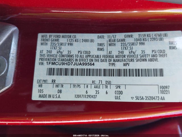 1FMCU9HD7JUA99564 Ford ESCAPE SEL