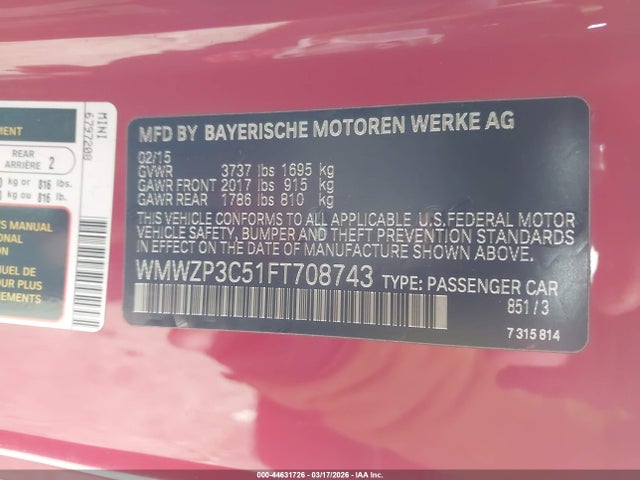 2015 MINI CONVERTIBLE WMWZP3C51FT708743 Photo 8