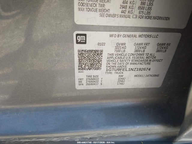 Продаж на аукціоні авто 2022 Gmc Sierra 1500 Limited 4wd  Short Box Denali, vin: 1GTU9FEL1NZ192674, номер лоту: 44631748