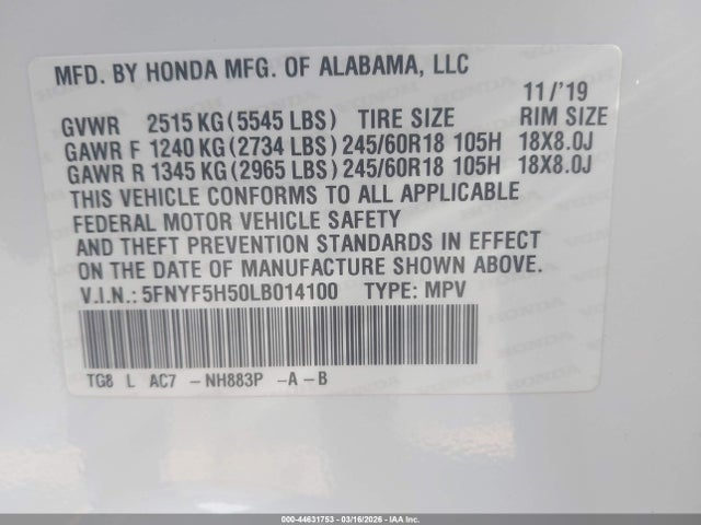 5FNYF5H50LB014100 Honda Pilot 2wd Ex-l