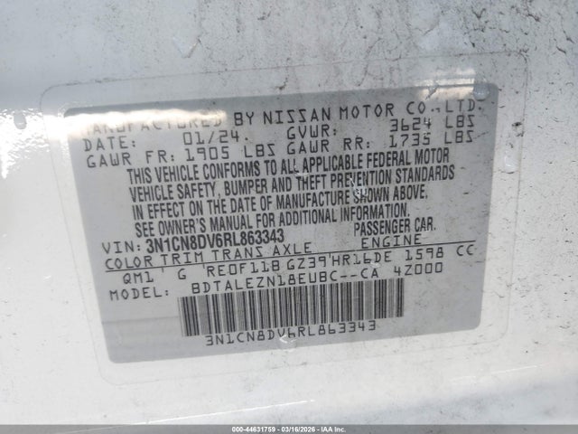 2024 Nissan Versa 1.6 S მანქანა იყიდება აუქციონზე, vin: 3N1CN8DV6RL863343, აუქციონის ნომერი: 44631759