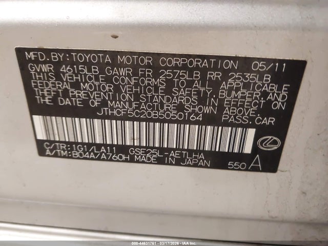Aukcja sprzedaży 2011 Lexus Is 250, vin: JTHCF5C20B5050164, numer aukcji: 44631761