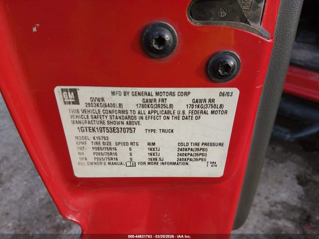 Продаж на аукціоні авто 2003 Gmc Sierra 1500 Sle, vin: 1GTEK19T53E370757, номер лоту: 44631763