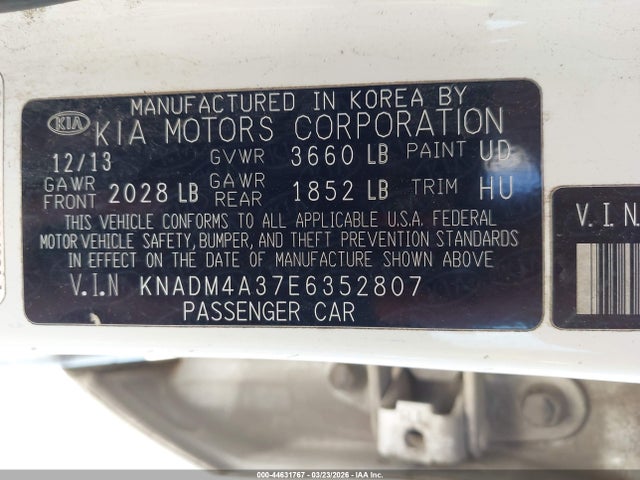 44631767 :رقم المزاد ، KNADM4A37E6352807 vin ، 2014 Kia Rio Lx مزاد بيع