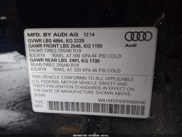 Продаж на аукціоні авто 2015 Audi Q3 2.0t Premium Plus, vin: WA1EFCFSXFR009186, номер лоту: 44631768