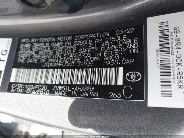 JTDKAMFU5N3174935 Toyota Prius L