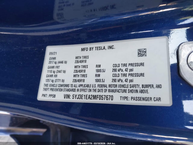 Tesla Model 3 Standard Range Plus Rear-wheel Drive 2021 5YJ3E1EA2MF057670 Image 9