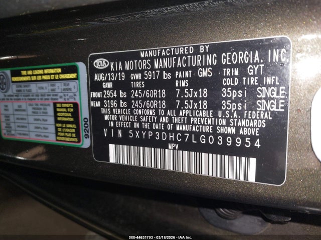 2020 Kia Telluride Ex მანქანა იყიდება აუქციონზე, vin: 5XYP3DHC7LG039954, აუქციონის ნომერი: 44631793