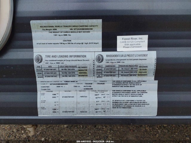 Продажа на аукционе авто 2013 Avenger Travel Trailer, vin: 5ZT2AVKB8DB902289, номер лота: 44631832