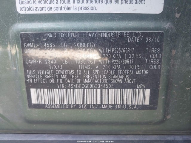 44631844 :رقم المزاد ، 4S4BRCGC9B3344505 vin ، 2011 Subaru Outback 2.5i Premium مزاد بيع