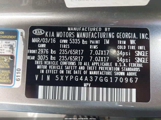 Aukcja sprzedaży 2016 Kia Sorento 2.4l Lx, vin: 5XYPG4A37GG170967, numer aukcji: 44631853