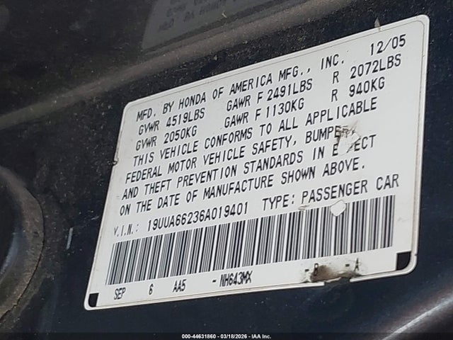 44631860 :رقم المزاد ، 19UUA66236A019401 vin ، 2006 Acura Tl مزاد بيع
