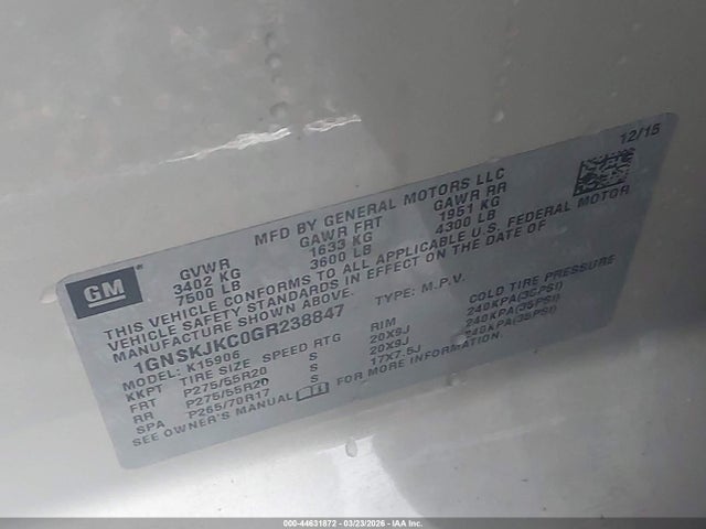 Aukcja sprzedaży 2016 Chevrolet Suburban Ltz, vin: 1GNSKJKC0GR238847, numer aukcji: 44631872