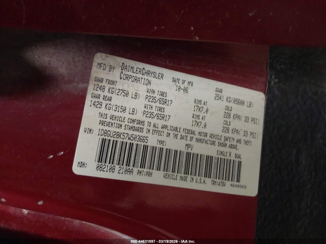 44631897 :رقم المزاد ، 1D8GU28K57W503665 vin ، 2007 Dodge Nitro Sxt مزاد بيع