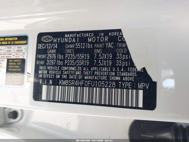 44631900 :رقم المزاد ، KM8SR4HF0FU105228 vin ، 2015 Hyundai Santa Fe Limited مزاد بيع