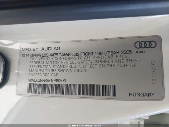 44631935 :رقم المزاد ، WAUCJGFF2F1068203 vin ، 2015 Audi A3 2.0 Tdi Premium مزاد بيع