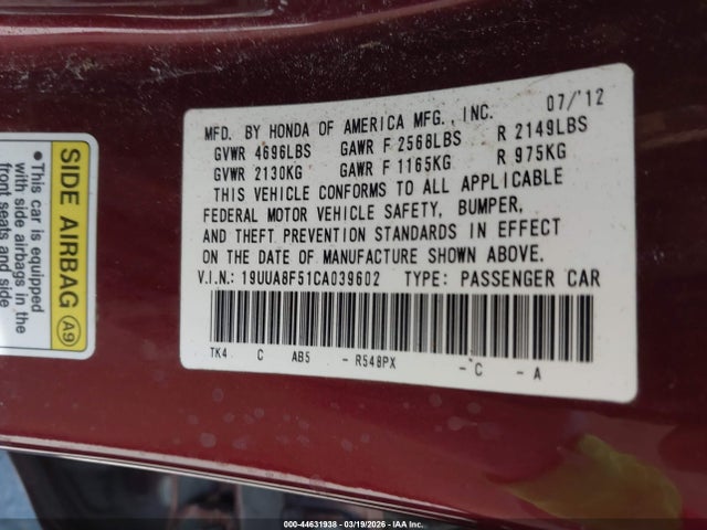 Aukcja sprzedaży 2012 Acura Tl 3.5, vin: 19UUA8F51CA039602, numer aukcji: 44631938