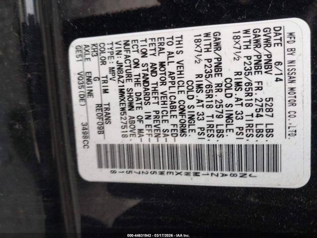 Продажа на аукционе авто 2014 Nissan Murano Sl, vin: JN8AZ1MWXEW527518, номер лота: 44631942