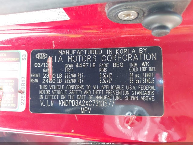 44631944 :رقم المزاد ، KNDPB3A2XC7313577 vin ، 2012 Kia Sportage Lx مزاد بيع
