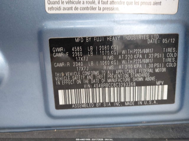 44631956 :رقم المزاد ، 4S4BRBCC8C3293368 vin ، 2012 Subaru Outback 2.5i Premium مزاد بيع
