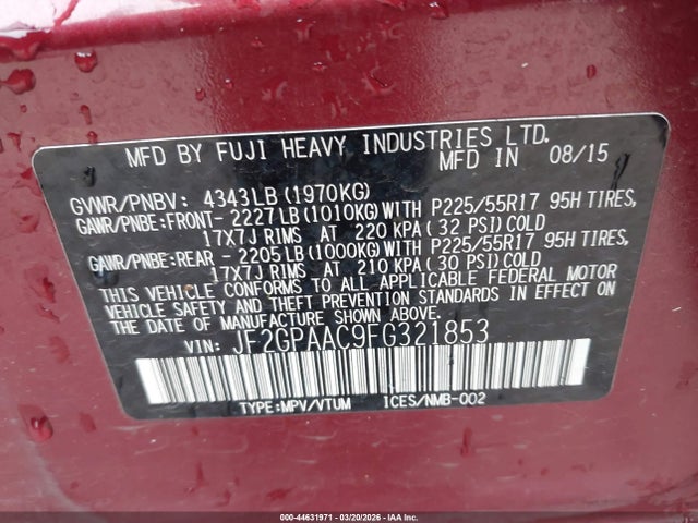 JF2GPAAC9FG321853 Subaru Xv Crosstrek 2.0i