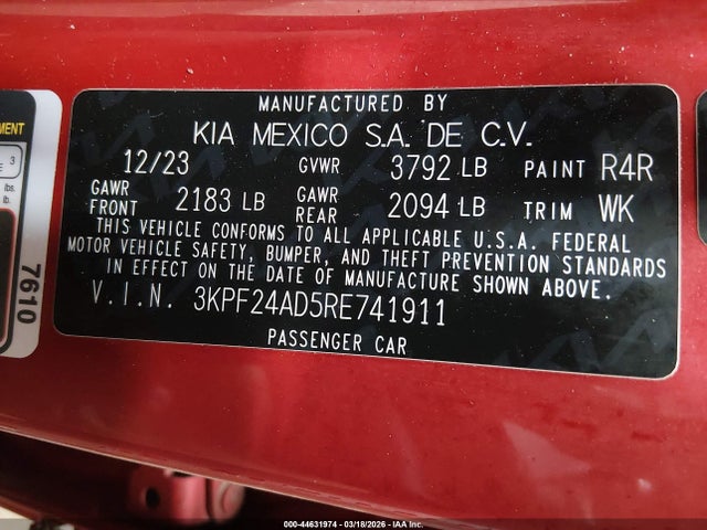 3KPF24AD5RE741911 KIA Forte Lxs