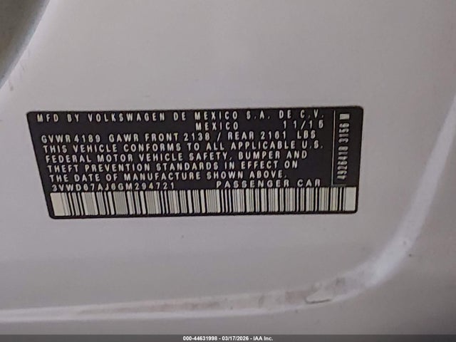 44631998 :رقم المزاد ، 3VWD67AJ6GM294721 vin ، 2016 Volkswagen Jetta 1.4t Se مزاد بيع