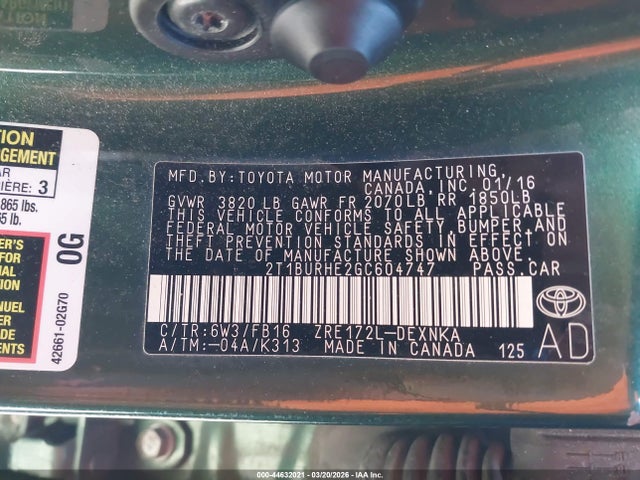 Toyota COROLLA LE 2016 2T1BURHE2GC604747 Image 9