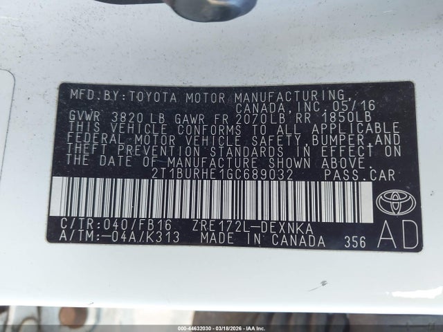 2T1BURHE1GC689032 Toyota COROLLA LE