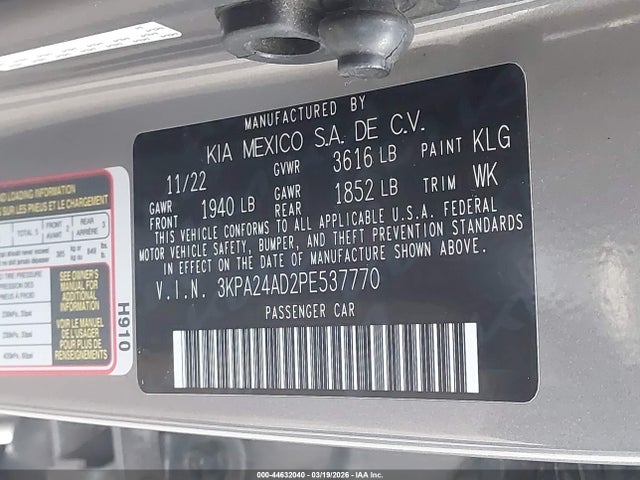 Продаж на аукціоні авто 2023 Kia Rio S, vin: 3KPA24AD2PE537770, номер лоту: 44632040