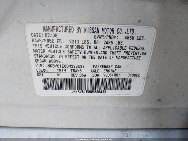 44632052 :رقم المزاد ، JNKBV61E08M226422 vin ، 2008 Infiniti G35 Journey مزاد بيع