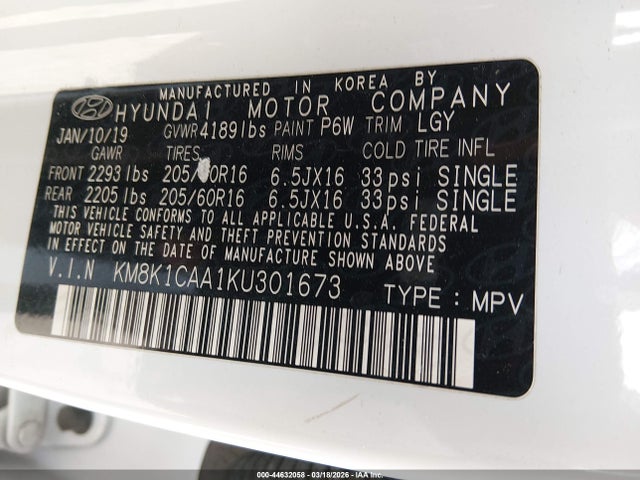 Продаж на аукціоні авто 2019 Hyundai Kona Se, vin: KM8K1CAA1KU301673, номер лоту: 44632058