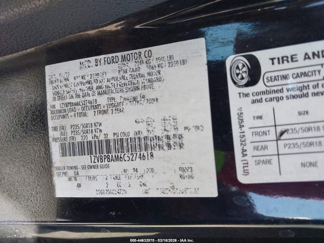 2012 Ford Mustang V6 Premium მანქანა იყიდება აუქციონზე, vin: 1ZVBP8AM6C5274618, აუქციონის ნომერი: 44632070