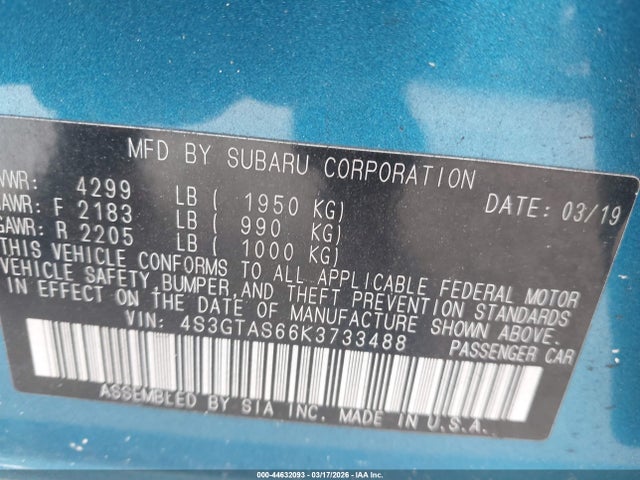Продажа на аукционе авто 2019 Subaru Impreza 2.0i Limited, vin: 4S3GTAS66K3733488, номер лота: 44632093