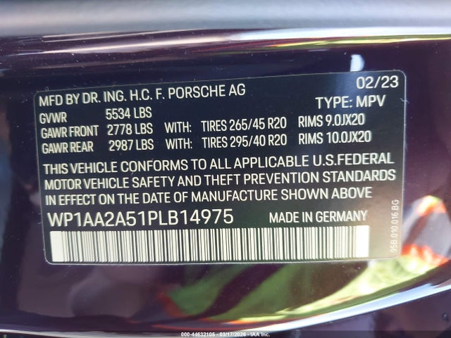 44632105 :رقم المزاد ، WP1AA2A51PLB14975 vin ، 2023 Porsche Macan T مزاد بيع