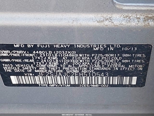 2014 Subaru Forester 2.5i Limited მანქანა იყიდება აუქციონზე, vin: JF2SJAJC2EH510543, აუქციონის ნომერი: 44632107