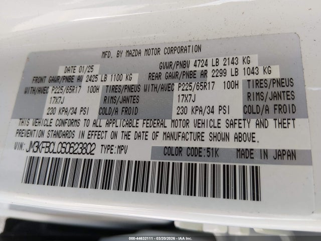 Aukcja sprzedaży 2025 Mazda Cx-5 2.5 S Preferred, vin: JM3KFBCL0S0623802, numer aukcji: 44632111