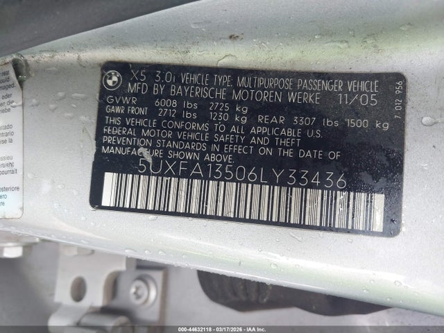 44632118 :رقم المزاد ، 5UXFA13506LY33436 vin ، 2006 Bmw X5 3.0i مزاد بيع