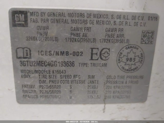 44632128 :رقم المزاد ، 3GTU2MEC4GG193636 vin ، 2016 Gmc Sierra 1500 Sle مزاد بيع