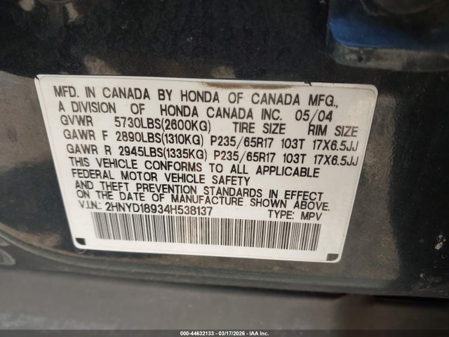 44632133 :رقم المزاد ، 2HNYD18934H538137 vin ، 2004 Acura Mdx مزاد بيع