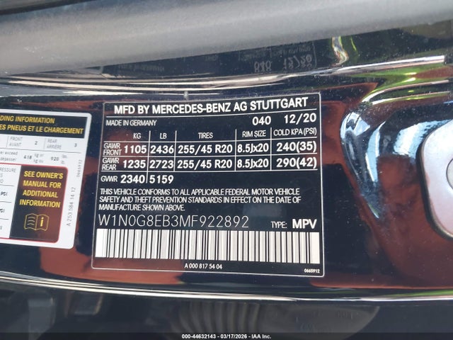 Продажа на аукционе авто 2021 Mercedes-benz Glc 300 4matic Suv, vin: W1N0G8EB3MF922892, номер лота: 44632143