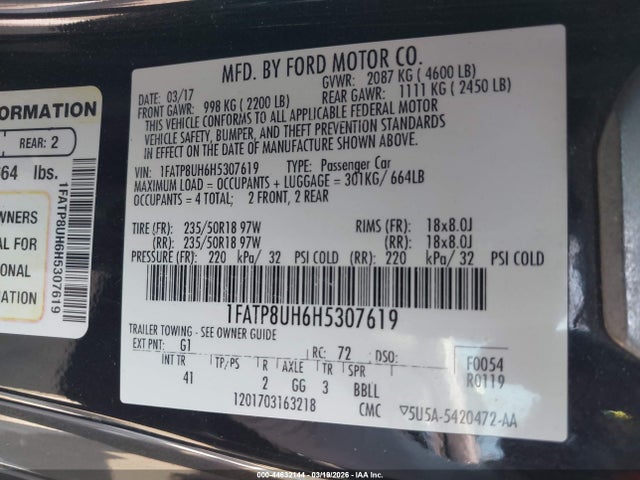 1FATP8UH6H5307619 Ford Mustang Ecoboost Premium