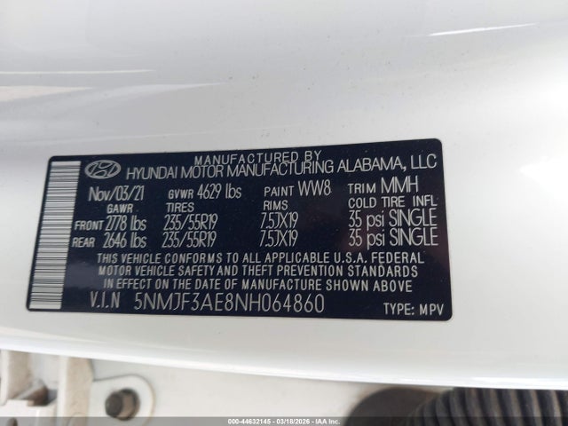 Aukcja sprzedaży 2022 Hyundai Tucson Sel, vin: 5NMJF3AE8NH064860, numer aukcji: 44632145