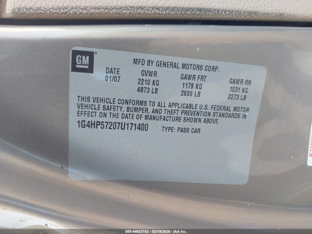 44632152 :رقم المزاد ، 1G4HP57207U171400 vin ، 2007 Buick Lucerne Cx مزاد بيع